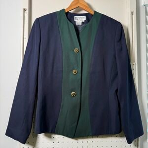 Vintage Atrium Blazer Women's Green Blue Button Long Sleeve Jacket -‎ Size 8